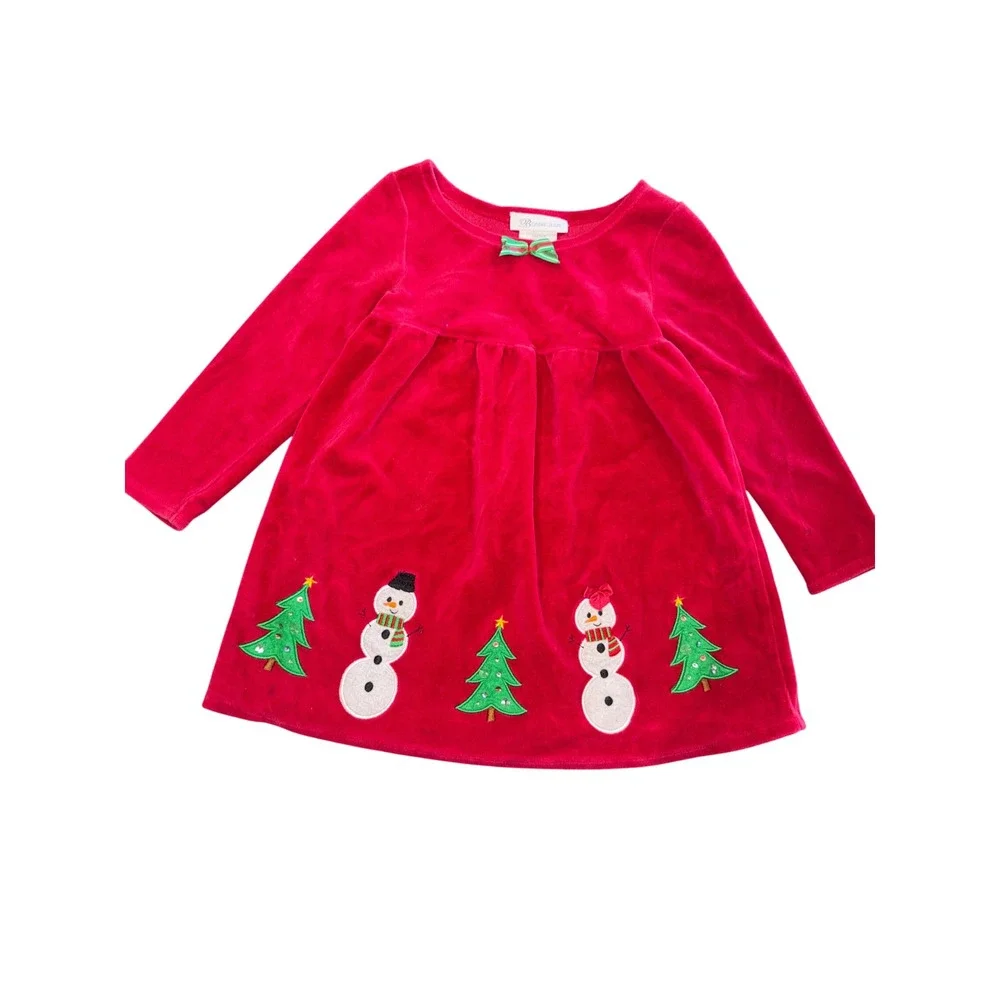 Bonnie Jean Girls Red Velour Christmas Dress Snowman Tree Embroidery 4/4T